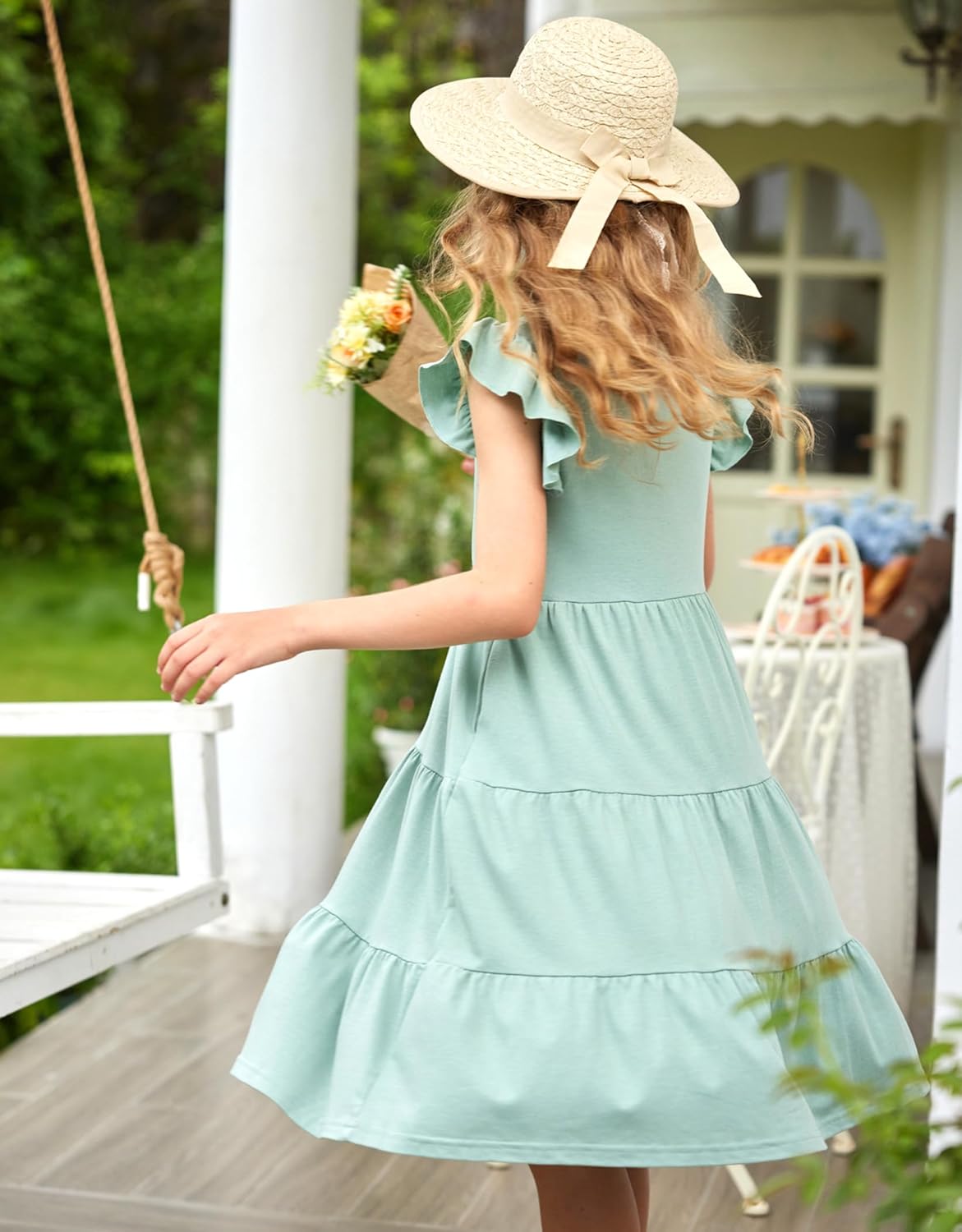 Arshiner Girl's Summer Dresses Ruffle Sleeve Tiered Swing Midi Casual Sundress with Pockets - Image 5