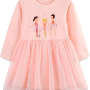 FreeLu Toddler Girls Cartoon Applique Dresses Striped Casual Dress Cotton Jersey Longsleeve T-Shirt