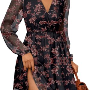 LILLUSORY Womens Long Sleeve Wedding Guest Dresses Winter 2026 Casual Fall Fashion V Neck Mini Chiffon Dress Flowy Clothes