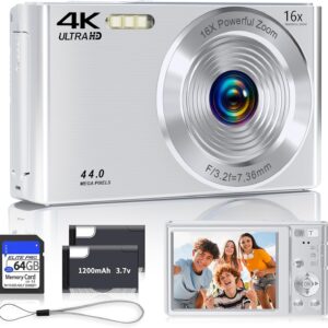 Digital Camera, 2026 4K Autofocus Digital Cameras for Teens, Silver Point and Shoot Camera for Kids with 16X Zoom, 64GB SD Card, Compact Small for Boys Girls Teens Kids Gift