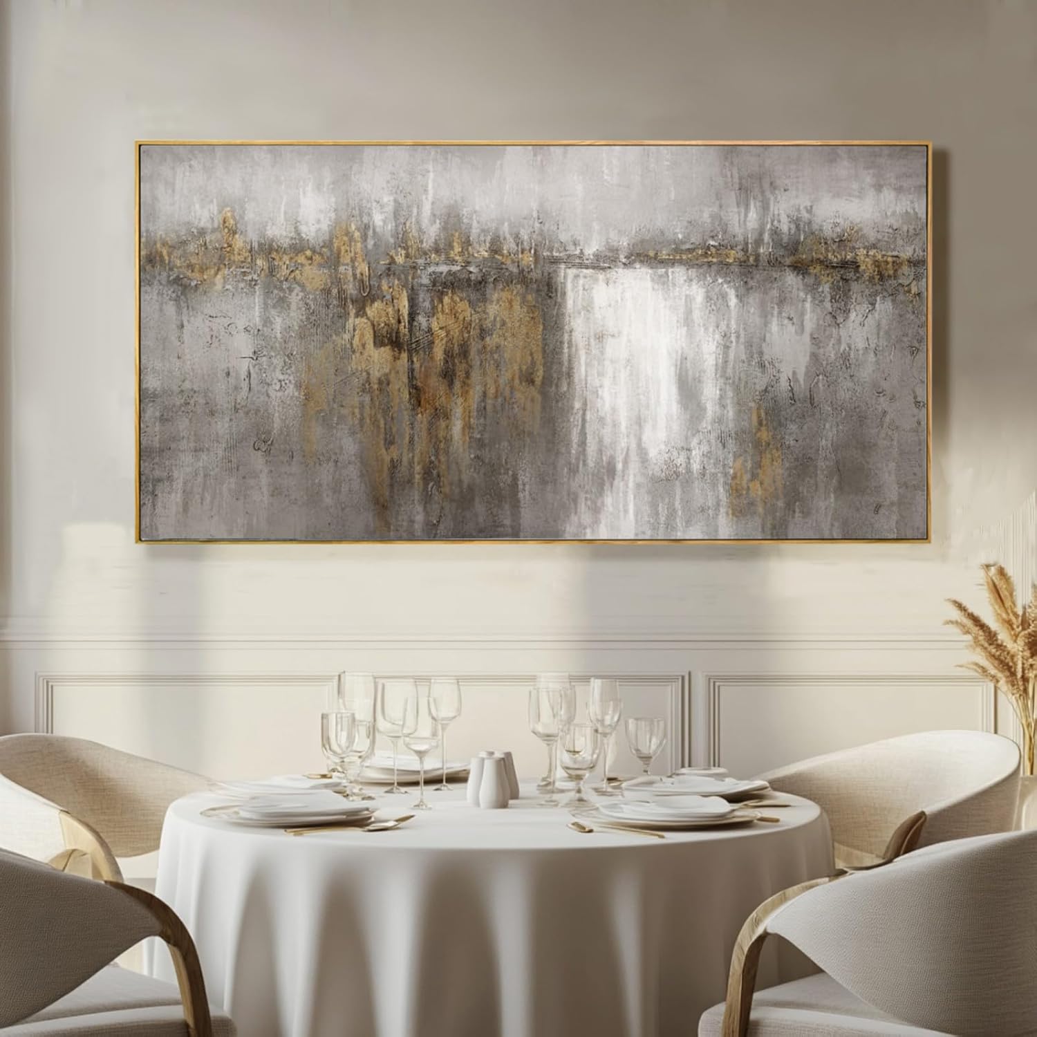 White and Gold Artwork for Walls Abstract Framed Poster Print 24"x48" Canvas Wall Art for Bedroom Neutral Artwork Decor for Office - Image 4