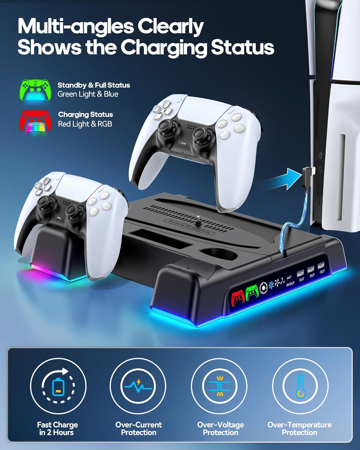 PS5/ Slim/Pro Stand for Disc & Digital Console, PS 5 Cooling Station with Dual Controller Charging Station for PlayStation 5 Console, 3-Level Fan PS5 Controller Charger Accessories Stand-Black - Image 3