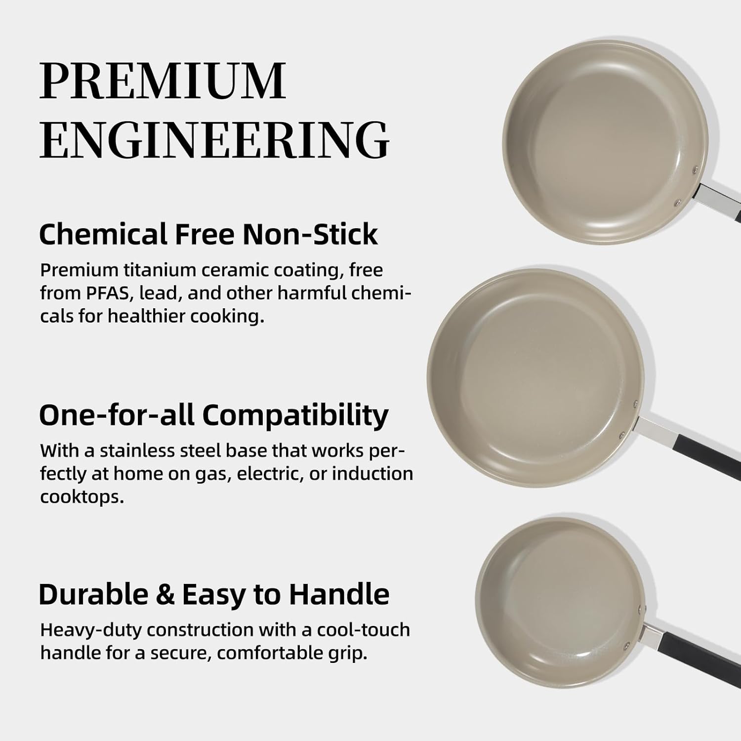 ROYDX Stainless Steel Fry Pan Set Titanium Ceramic Non Stick Frying Pan with Lid 8", 10" and 12" Oil Gather Pro Non Stick Skillets with Stay-Cool Handle PFOA Free, Compatible with All Cooktops - Image 3