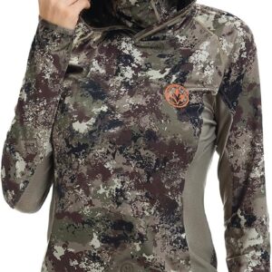 BASSDASH Women’s UPF 50+ Camo Hunting Hoodie with Neck Gaiter Breathable Performance Long Sleeve Fishing Hooded Tee FS03W