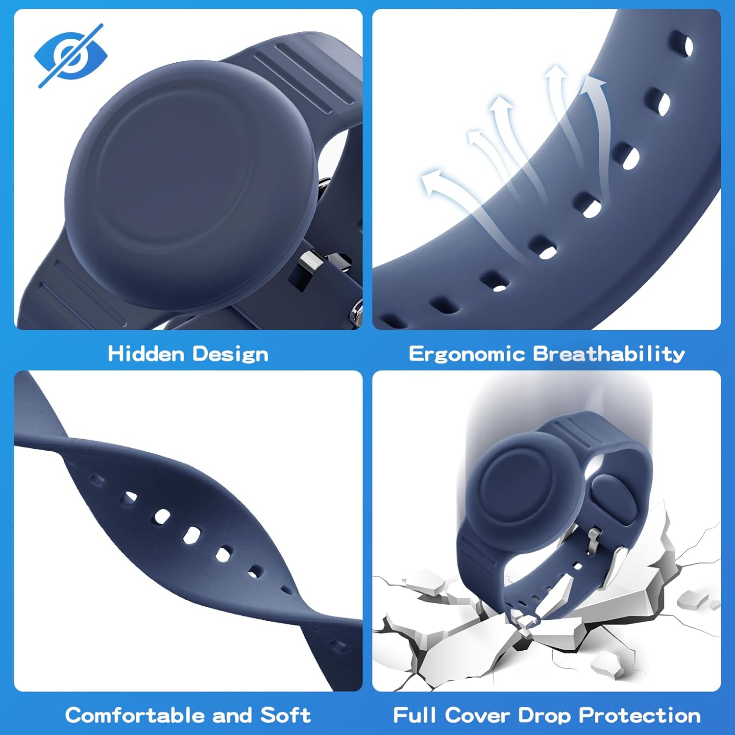 Waterproof Bracelet Compatible with Airtag (1st & 2nd Gen) for Kid, 2 Pack Soft Silicone Hidden Wristband, Lightweight Tracker Watch Band Compatible with Apple Air Tag for Child, Black & Navy Blue - Image 3