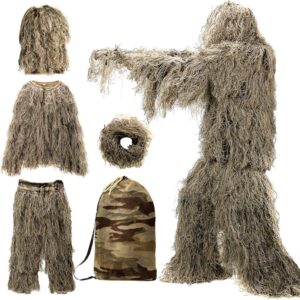 DoCred 5 in 1 Ghillie Suit, 3D Camouflage Hunting Apparel w/Jacket, Pants, Hood, Carry Bag for Adults/Youth, S/M/L/XL/XXL