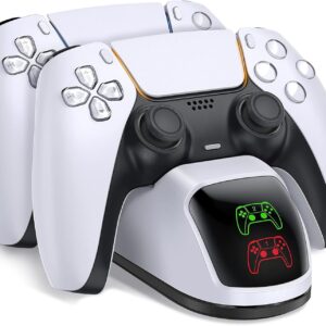 PS5 Controller Charging Station, PlayStation 5 Dualsense Charger Dock with Dual Stand, Upgrade PS5 Charger Accessory with Fast Charge Cable, PlayStation 5 Station, White