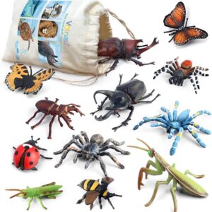 Bug Toys Figurines VOLNAU 12PCS Insect Animal Figures for Kids Toddlers Christmas Gifts Decorations Educational Bee Beetle Mantis Spider Ladybug Butterfly Plastic Model