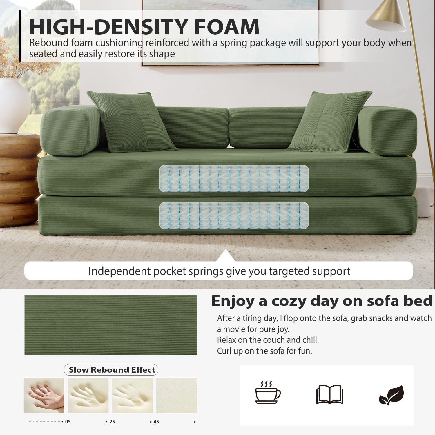 4-in-1 Folding Convertible Sofa Bed, 78 Inch Oversized Corduroy Upholstered Boneless Couch, Loveseat Sleeper with Pull Out Bed, Floor Sofa Modular Futon Couch for Living Room Bedroom Lounge, Green - Image 4