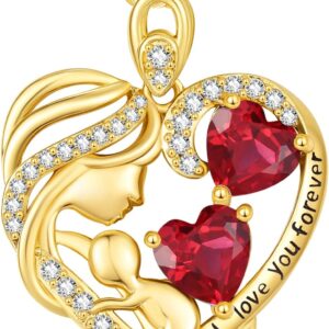 14K Gold Double Birthstone Heart Necklace for Women Mom, Mother Son/Daughter Pendant Necklace for Christmas Mother’s Day Birthday Gifts for Wife Daughter Grandmom