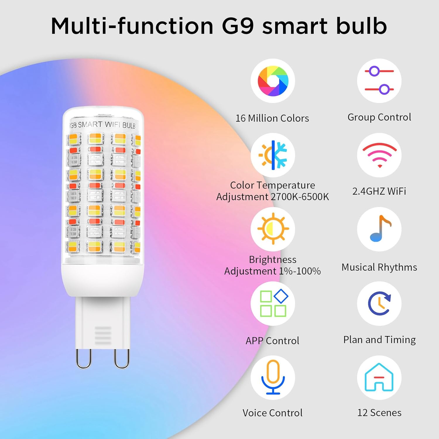 I-SHUNFA Wi-Fi RGBCW Smart G9 LED Bulbs,Compatible with Alexa/Google Home,Multicolour Dimmable,2700K-6500K,AC 120V 4W,400LM Brightness Adjustable 1%-100%,with Musical Rhythm LED Light Bulb,3 Pack - Image 2