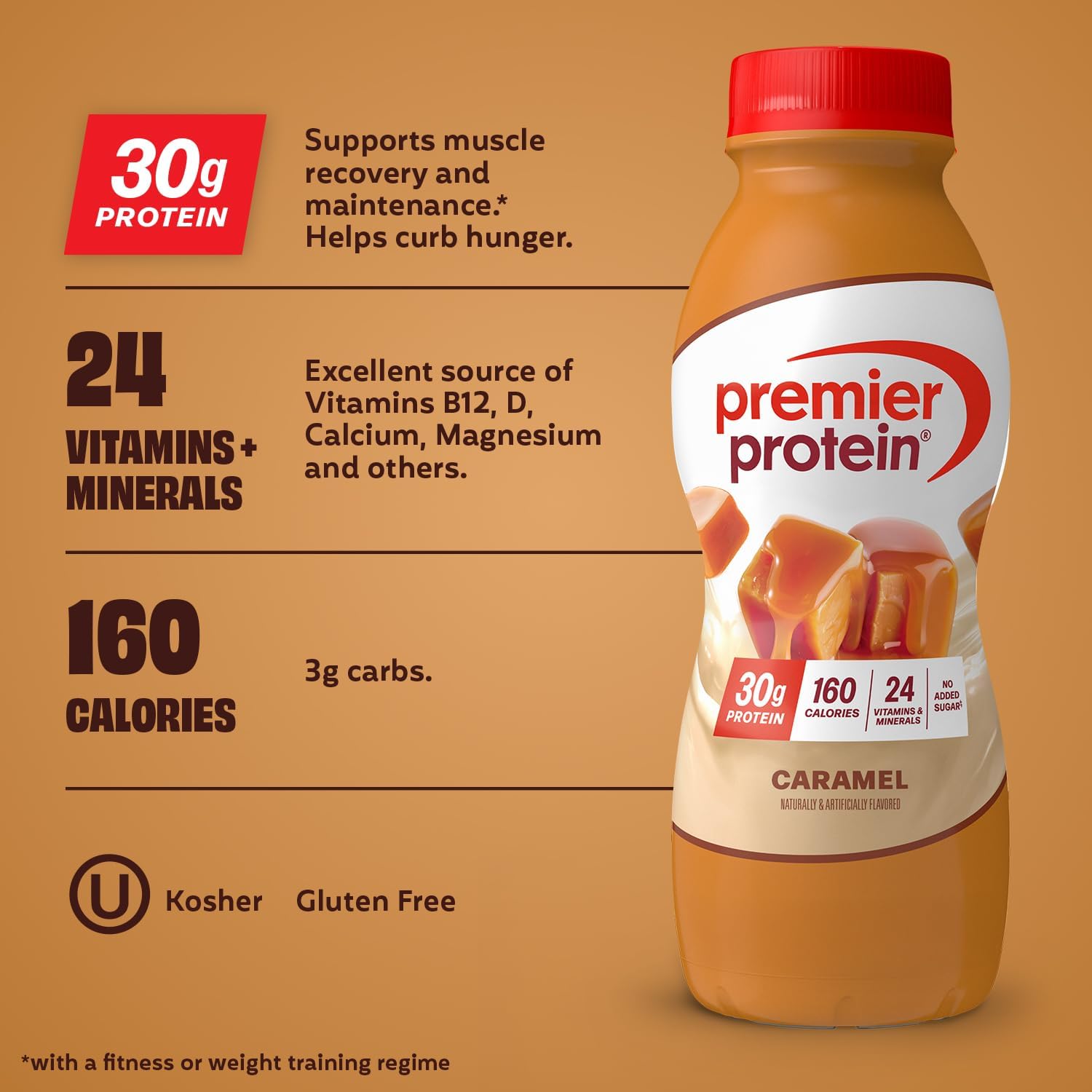 Premier Protein Shake, Caramel, 30g Protein, No Added Sugar, 24 Vitamins & Minerals to Support Immune Health, 11.5 fl oz, 6 Pack (Packaging May Vary) - Image 3