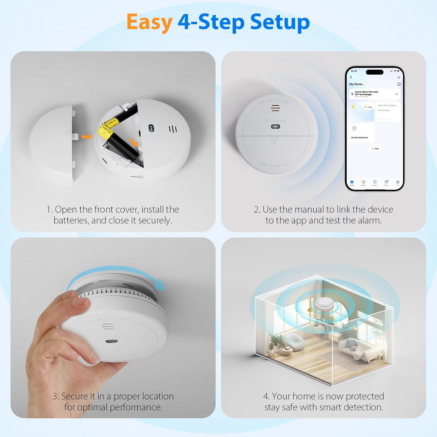 3-Pack WiFi Smoke Detectors – Smart Fire Alarms with App Control, Low Power Alert, Quick Battery Access, Silence & Test Functions, Includes 6 AAA Batteries - Image 5