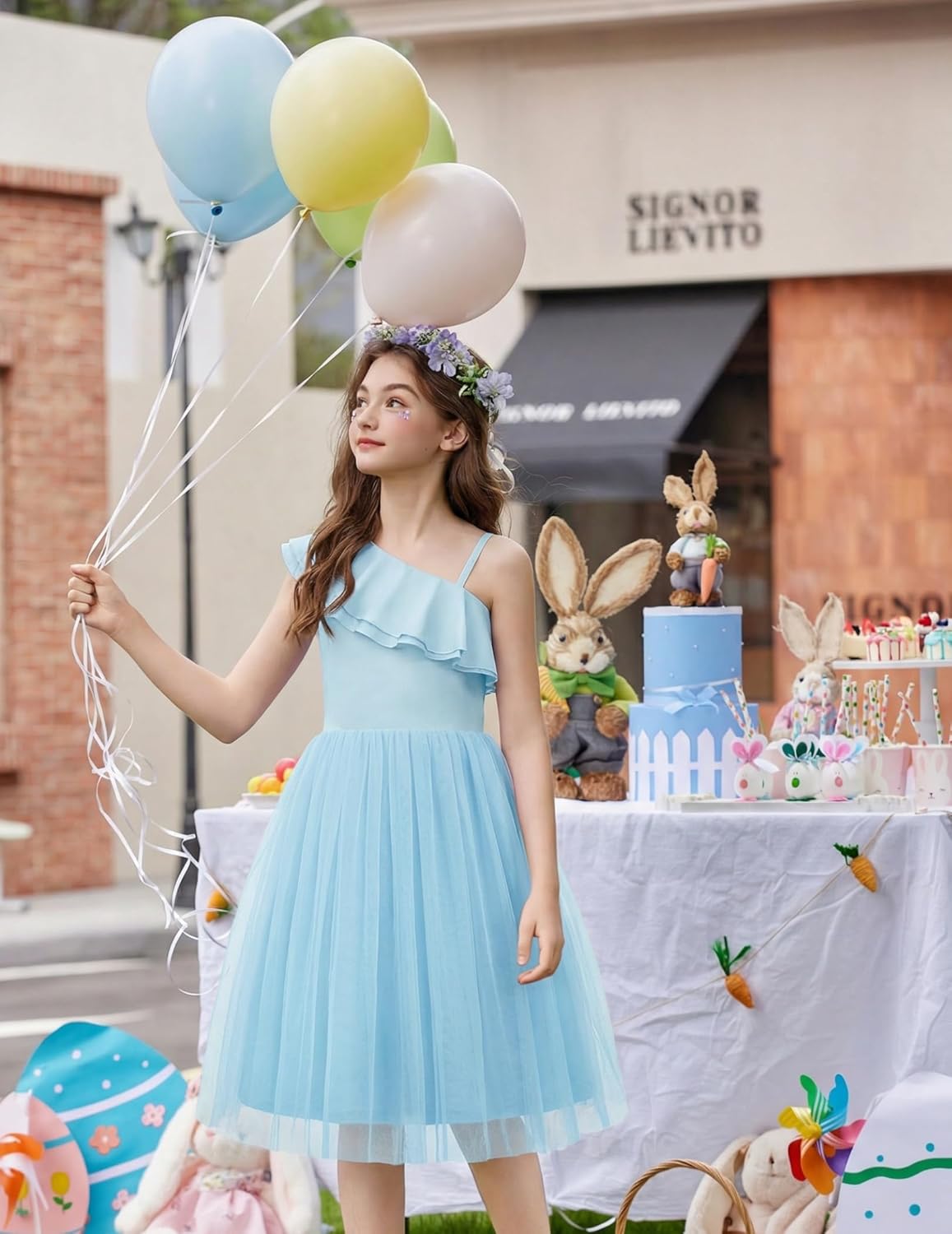 Arshiner Girls Dresses Ruffle Trim Off Shoulder Formal Wedding Party Fancy Summer Tulle Dress for 6-14 Years - Image 4