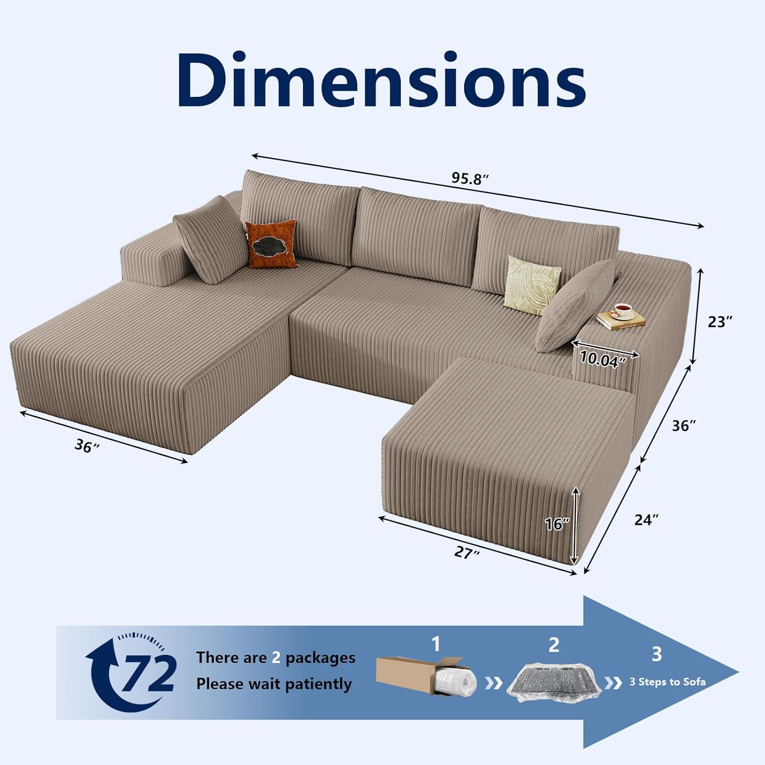 96" Modular Sectional Sofa with Ottoman, Modern Corduroy Cloud Couch with Deep Seat, Boneless Couch Upholstered 3-Seater U-Shaped Sofa for Living Room, No Assembly (Camel, Left-Facing Chaise) - Image 2