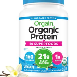 Orgain Organic Vegan Protein + 50 Superfoods Powder, Vanilla Bean – 21g Plant Based Protein, 8g Prebiotic Fiber, No Lactose Ingredients, Gluten Free, No Added Sugar, Non-GMO, 2.02 lb