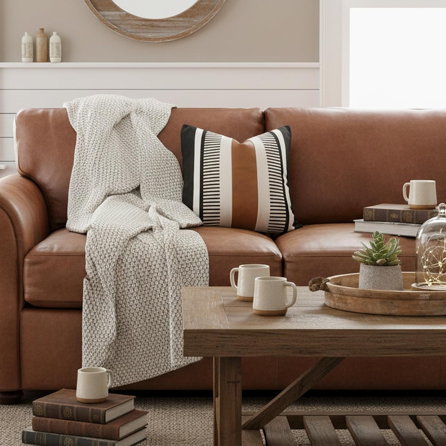 Farmhouse Decorative Throw Pillow Cover for Sofa Couch Accent Faux Leather Square Cushion Cover Tribal Stripe Boho Pillow Case 18 x 18 Inch,Black - Image 2