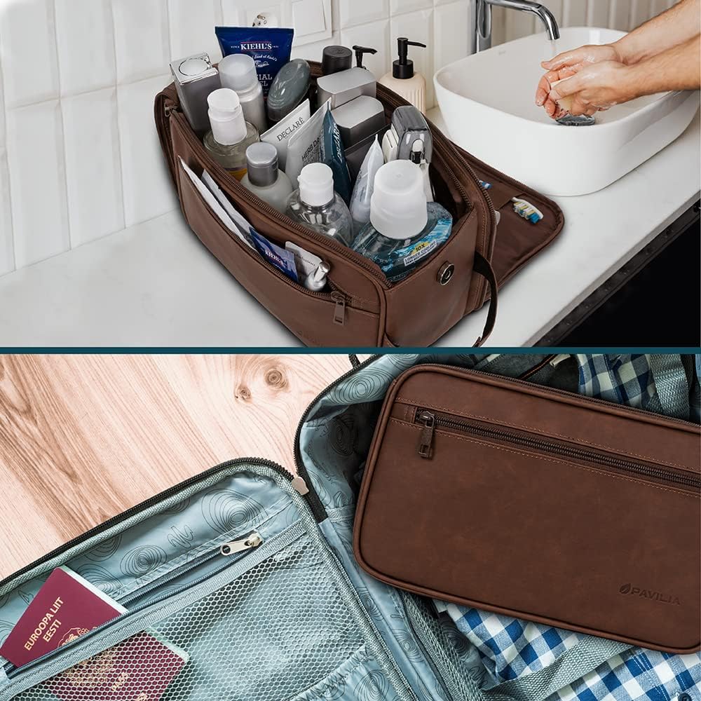 PAVILIA Toiletry Bag for Men, Travel Essentials Shaving Dopp Kit, Mens Travel Bag Toiletries Organizer Case for Grooming, PU Leather Water Resistant Cosmetic Bag Pouch (XL, Dark Brown) - Image 6