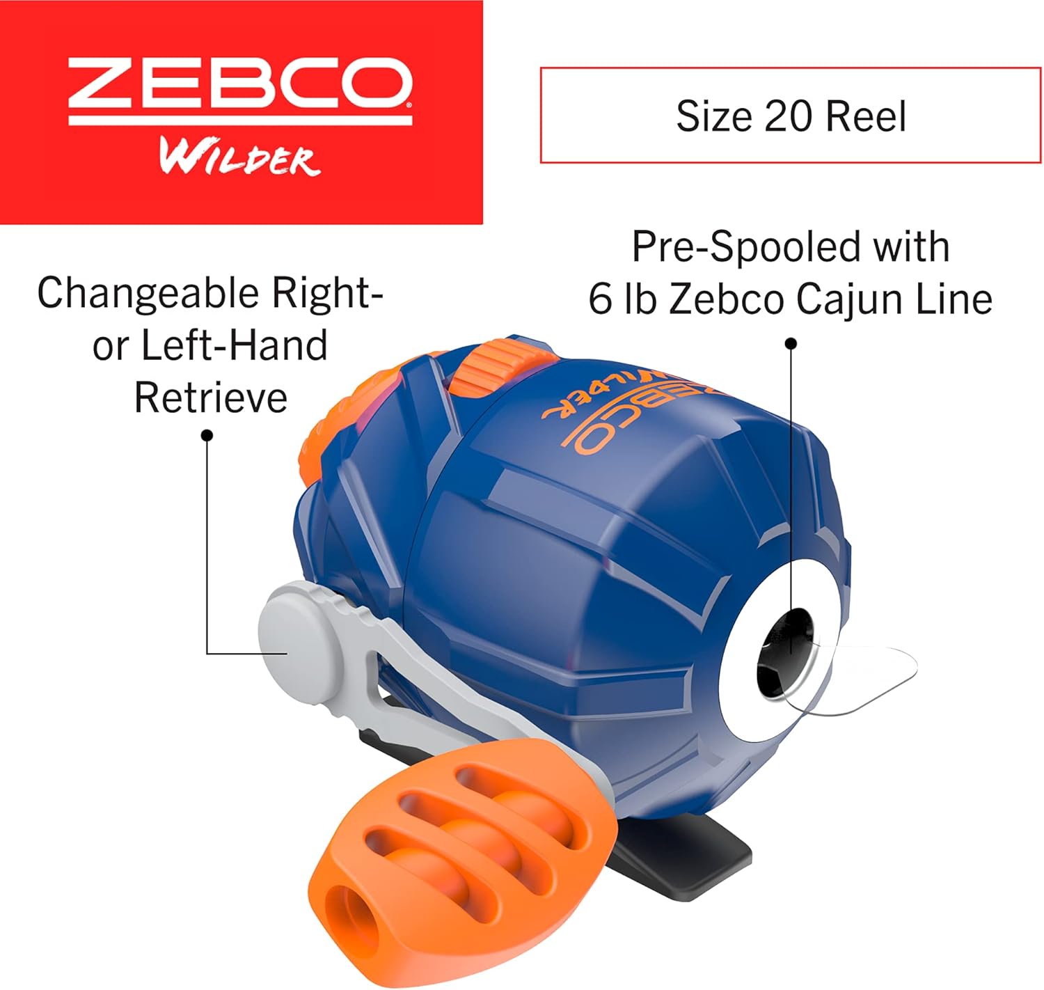 Zebco Wilder Fishing Reel and Rod Combo, 4'3" Durable Fiberglass Rod with Built-In Carabiner, Patented No-Tangle Reel, Pre-Spooled with 6-Pound Zebco Cajun Fishing Line, Blue/Orange - Image 3