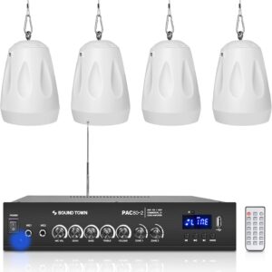 Sound Town Commercial Restaurant Bluetooth Amplifier + Pendant Speaker Set, with One 2-Zone 70V/100V Amplifier with Bluetooth, 4 x All-Weather 4-Inch Pendant Speakers, White (PAC80X4PD4W)