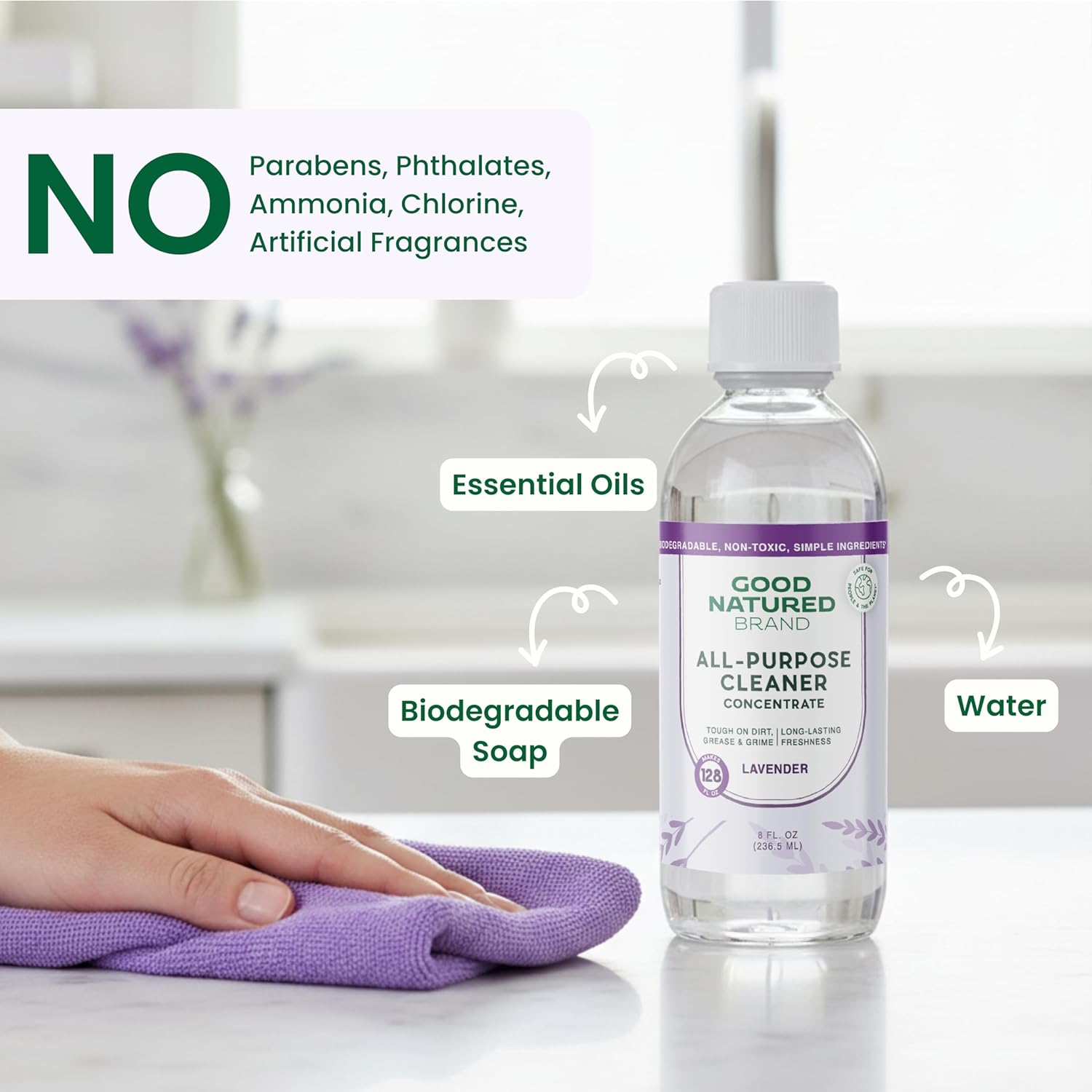 Good Natured Brand All-Purpose Cleaner Concentrate | Multi-Surface Cleaner | Natural Lavender Essential Oil | Multipurpose Cleaner Concentrate All Surfaces | Lavender | 8oz makes 128oz - Image 3