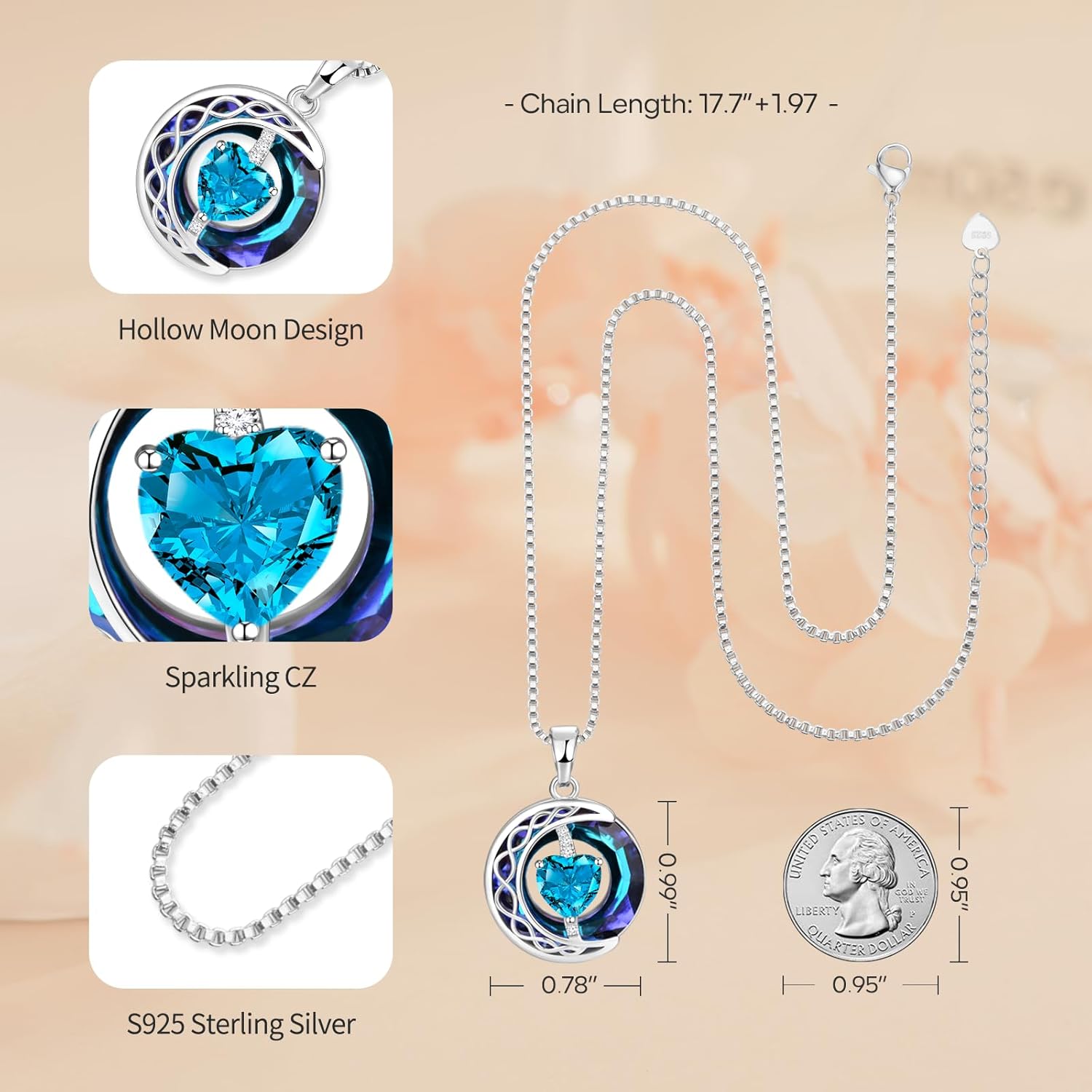 LIANYU Necklace for Womens Blue Sapphire Necklace Moon Pendant S925 Sterling Silver Crystal Jewelry for Women Pendant Birthday Gifts for Wife Gifts Valentine Anniversary - Image 4