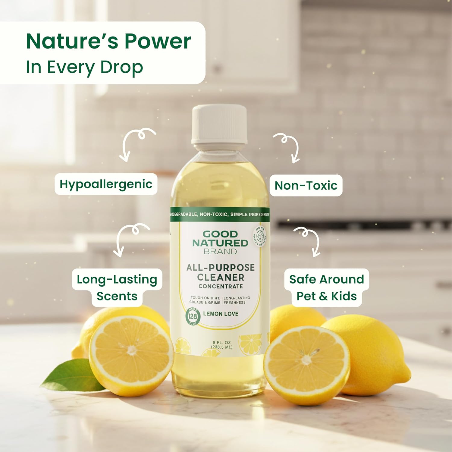 Good Natured Brand All-Purpose Cleaner Concentrate | Multi-Surface Cleaner | Natural Lemon Essential Oil | Multipurpose Cleaner Concentrate All Surfaces | Lemon Love | 8oz makes 128oz - Image 2