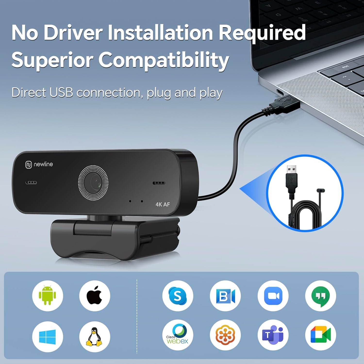 N newline 4K Webcam for PC, 4K UHD USB Webcam with Microphone, New Upgraded Auto Focus, Low Distortion, Privacy Cover, PC Camera for Zoom, Skype, Teams, Laptop, Conferencing, Calling, NewEye 60s - Image 6