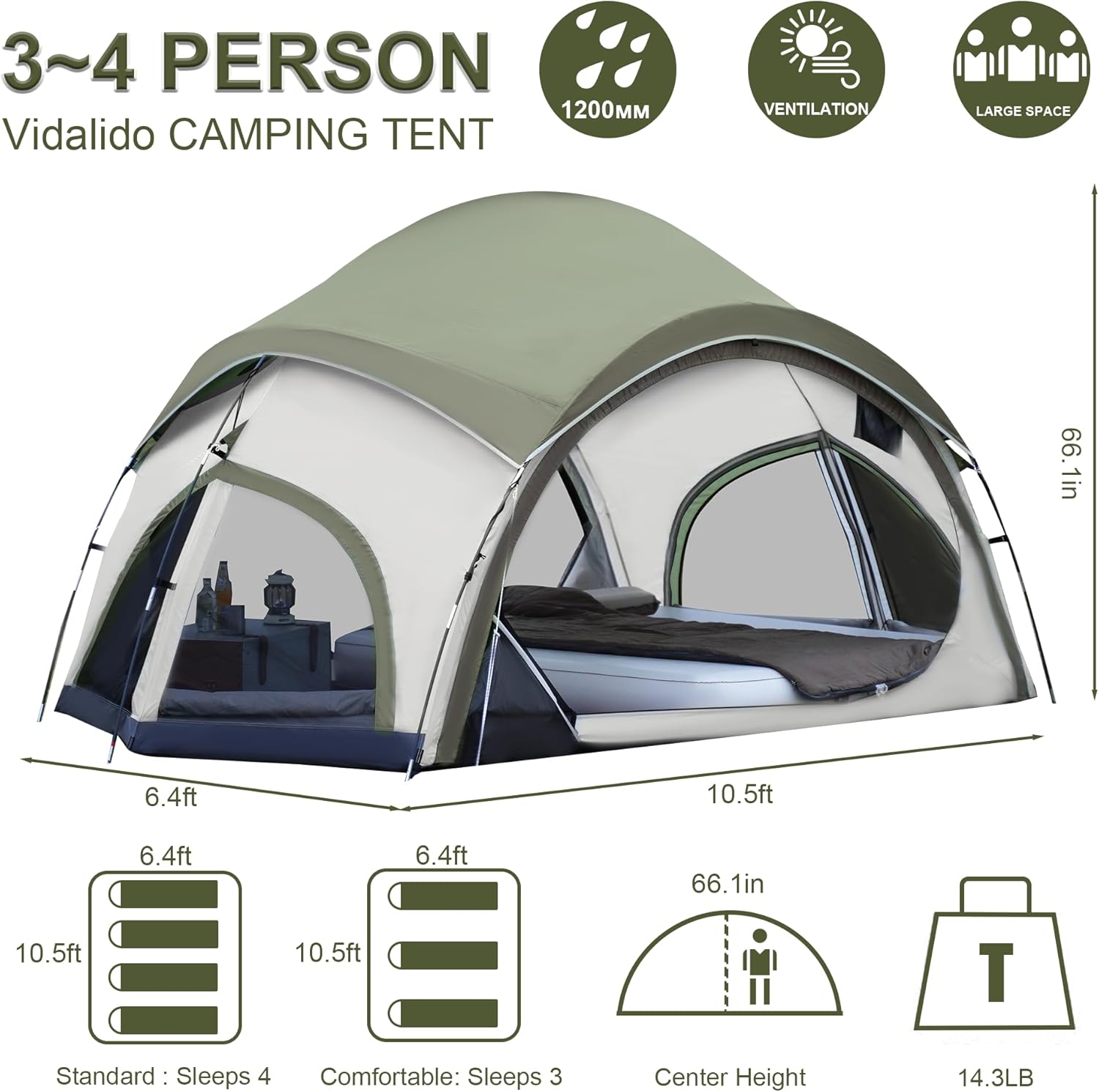 Vidalido 3-4 Person Camping Tent with 2 Large Mesh Door 4 Mesh Window Family Tents, Double Layer Waterproof Portable Easy Setup Camp Tent, Canvas Dome Tents for Camping Outdoor Hiking and Backpacking - Image 5