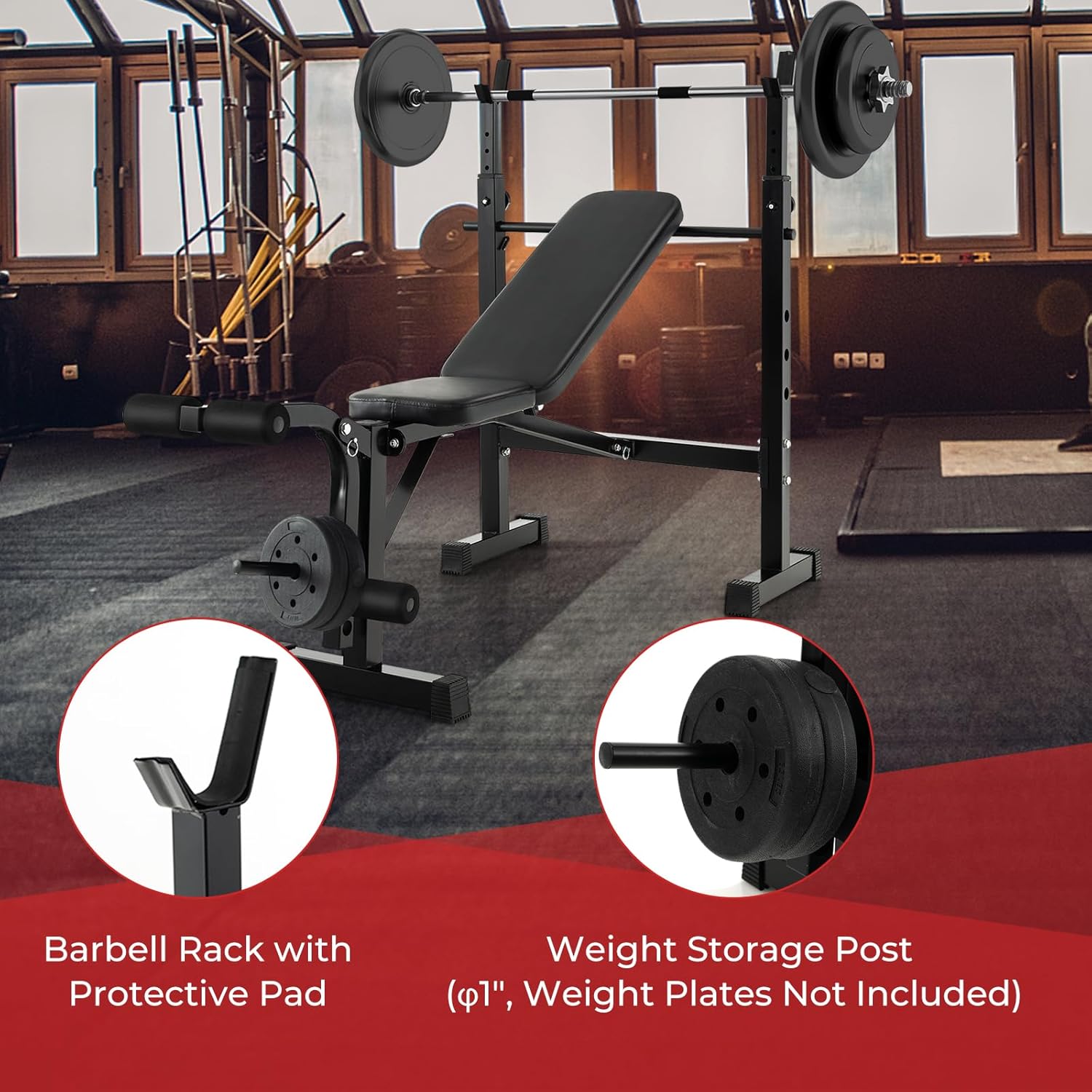 GYMAX Adjustable Weight Bench, Foldable Weight Bench with Squat Racks, Leg Extension & Leg Curl, Strength Training Workout Bench Press, Olympic Weight Lifting Bench Set for Home Gym - Image 6