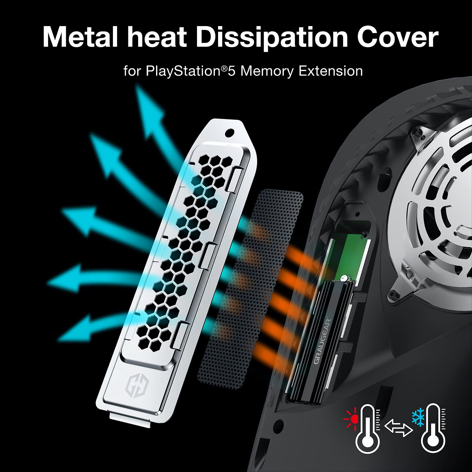 GRAUGEAR Metal Heat Dissipation Cover for PS5 M.2 SSD Expansion Slot | Fit for PlayStation 5 NVMe SSD w/Heatsink | New Breathable Cellular Hole | Cooling and Dust Proof (Silver) - Image 3