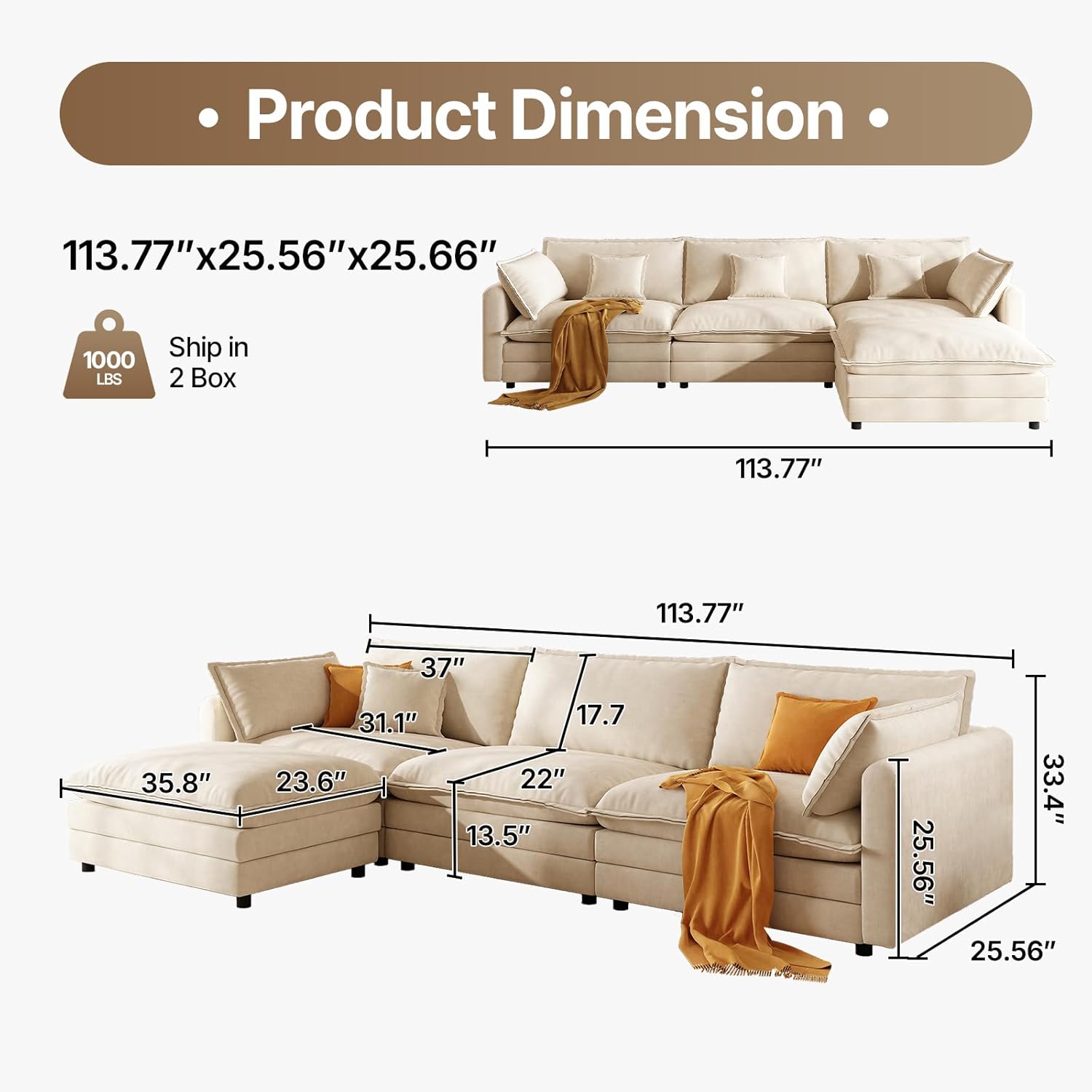 Shaped Modern Sofa Modular Sectional Cloud Couch, 114 Inch L Shaped Couch Set for Living RoomBedroom and Apartment, 4-Seater Comfy Cloud Couches with Movable Ottoman, Chenille, (Beige, 114 Inch-L) - Image 2