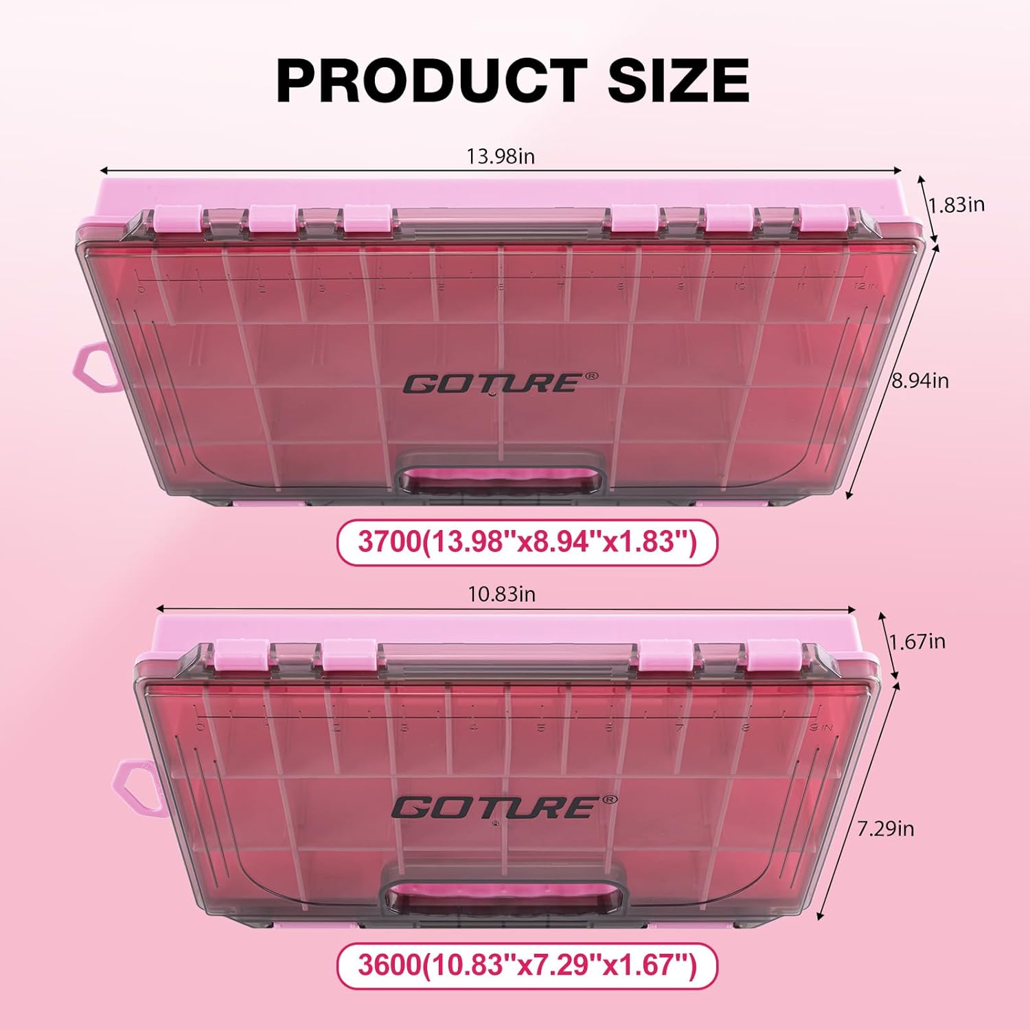 Goture Fishing Tackle Box Organizer - Transparent Fishing Organizer Box w/Measurement Ruler, Adjustable Dividers, Dual Latches | 2 Pcs 3700 Tackle Tray| Ergonomic Grip - Image 2