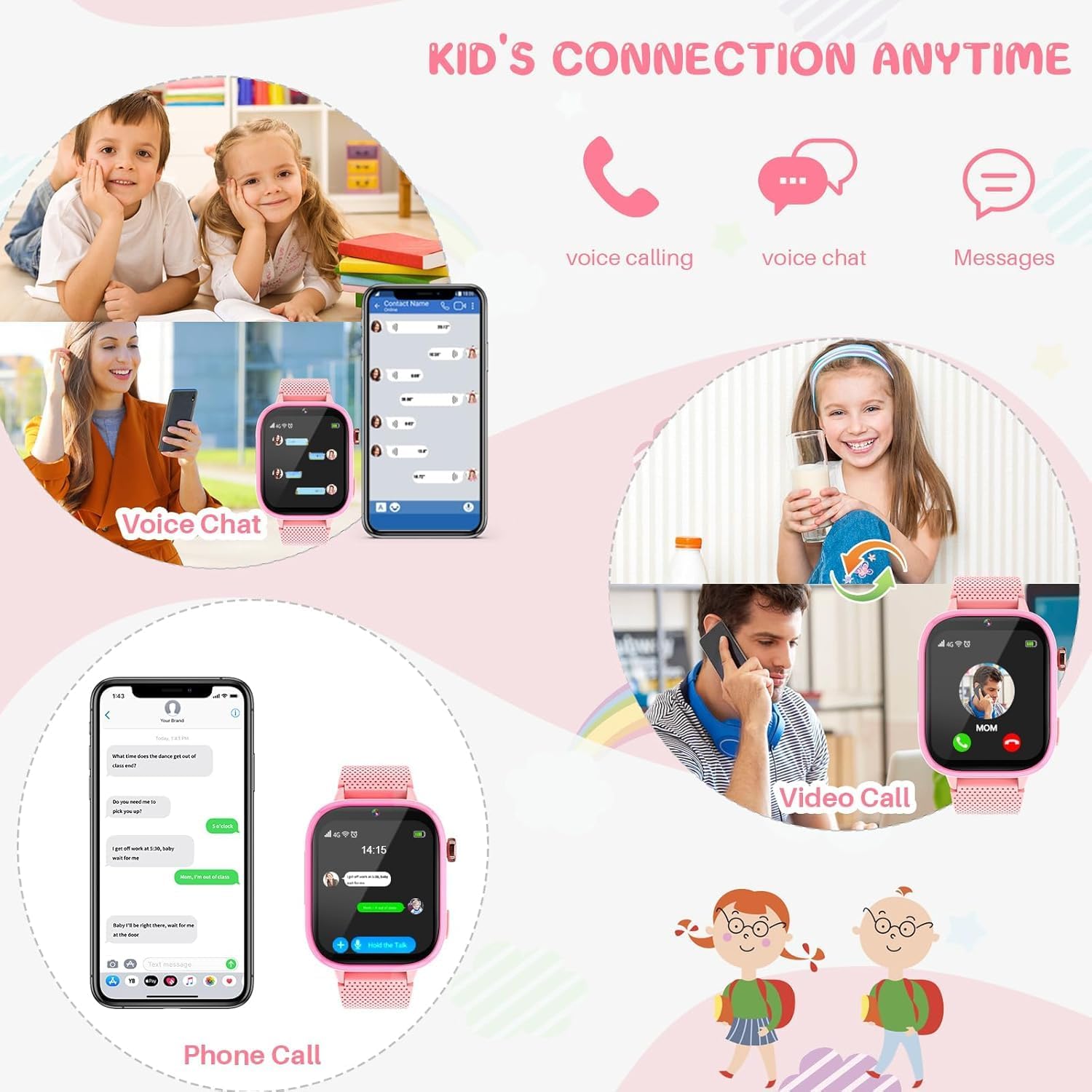 OKYUK 4G Kids Smart Watch, 15 Exciting Games, Two-Way Calling Feature, SOS Emergency Call Button Ideal for Kids Aged 3-12, for Boys & Girls (Pink) - Image 2