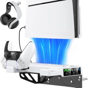 PS5/Slim/Pro Wall Mount Kit with Cooling Fan & Charging Station, PS5 Shelf Floating Mount for All PlayStation 5/Slim/Pro Disc & Digital Console, PS 5 Wall Bracket Behind TV, PS Five Pro Accessories