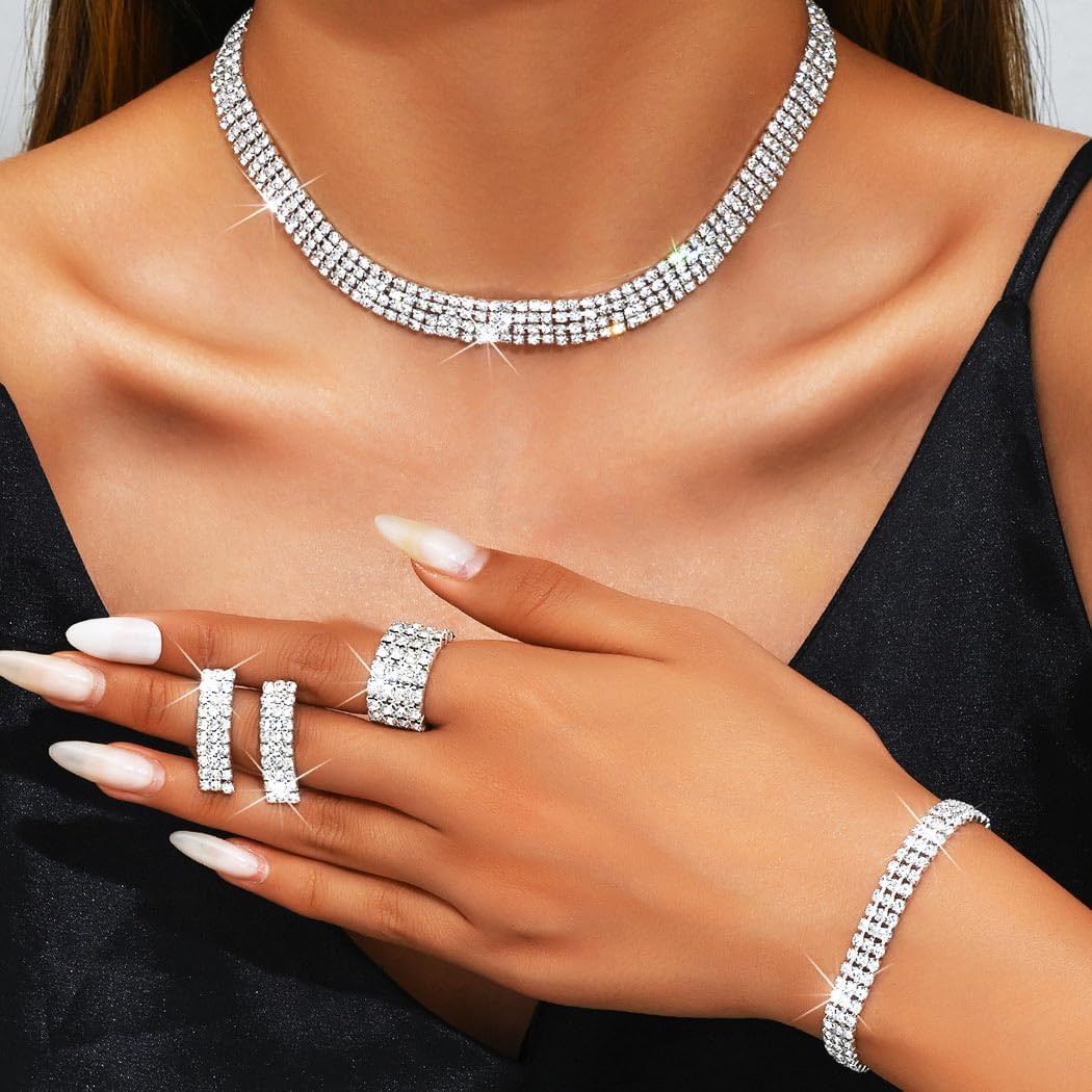 Aukmla Rhinestones Bridal Wedding Jewelry Set Silver Choker Necklaces Earrings Bracelet Ring Sets Prom Jewelry for Women - Image 2