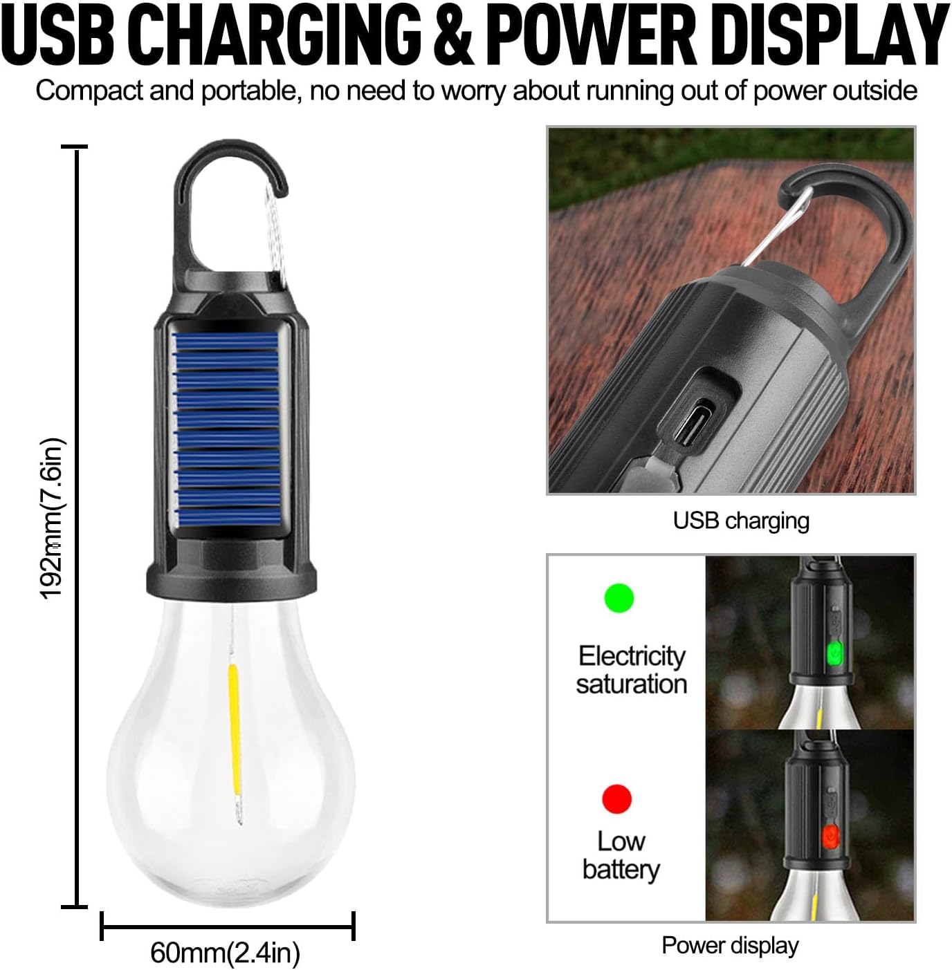 Solar Tent Camping Light Bulb Rechargeable Portable LED Camping Lantern3 Lighting Modes Tungsten Light Tent Lamp with Clip Hook for Camping, Hiking, Backpacking, Emergency Outage (T02) - Image 3