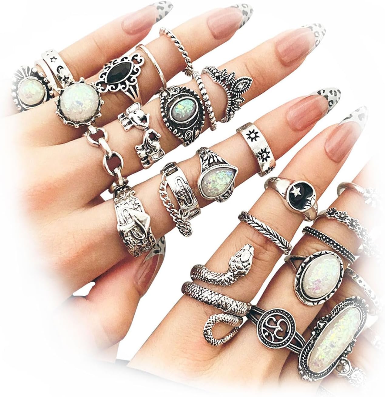 17IF Vintage Silver Knuckle Rings Set for Women Men, Chunky Rings Aesthetic Snake Grunge Stackable Gothic Ring Adjustable Y2K Punk Bulky Boho Finger Alt of Rings, Stacking Fairy Skull Frog Heart Star Flower Midi Ring Pack - Image 2