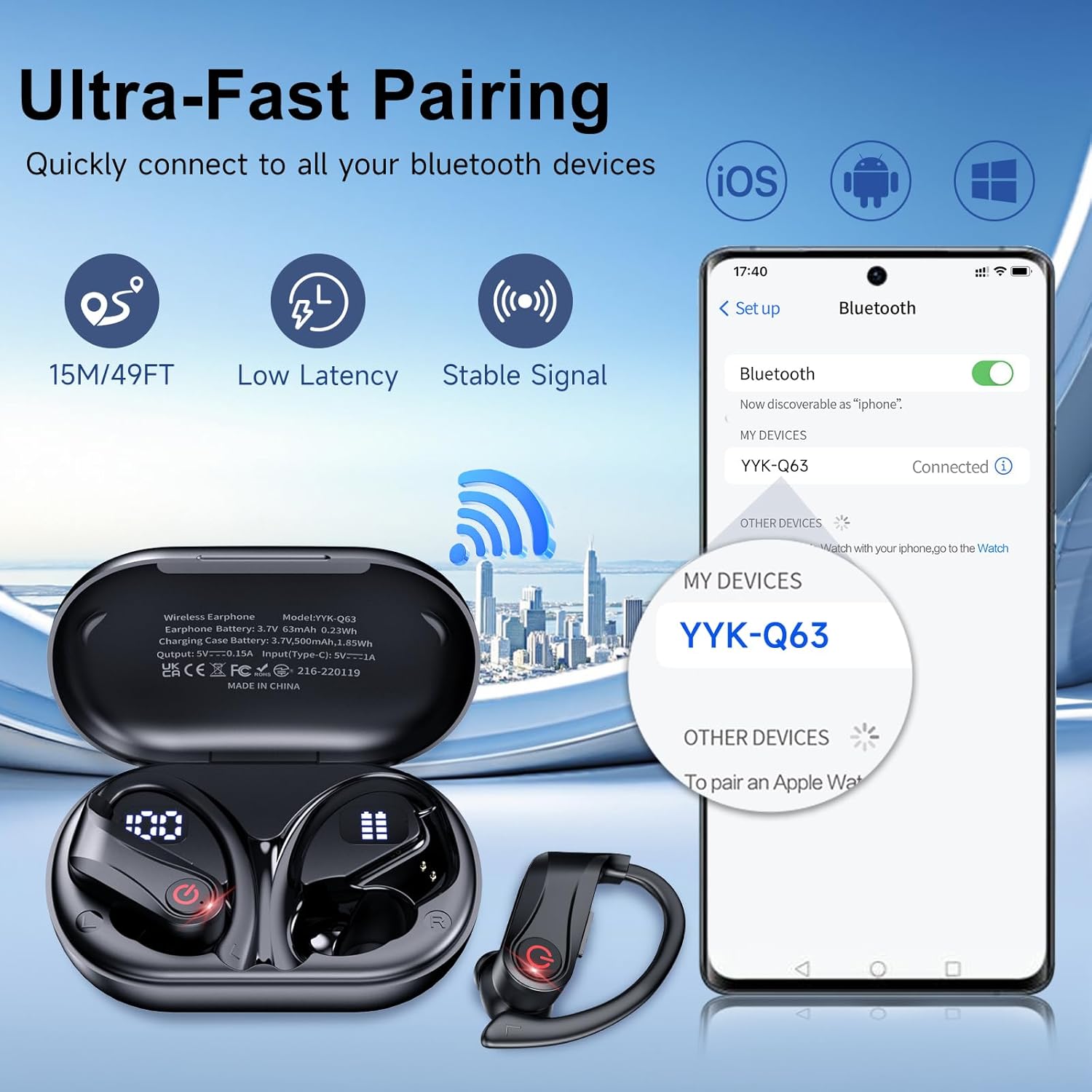 EUQQ True Wireless Earbuds, 2026 Sport Bluetooth 6.1 Headphones with Microphone 120H Playtime Dual LED Display Case, Noise Canceling Ear Buds with Easy Button Controls Sweat and Water Resistant Black - Image 7