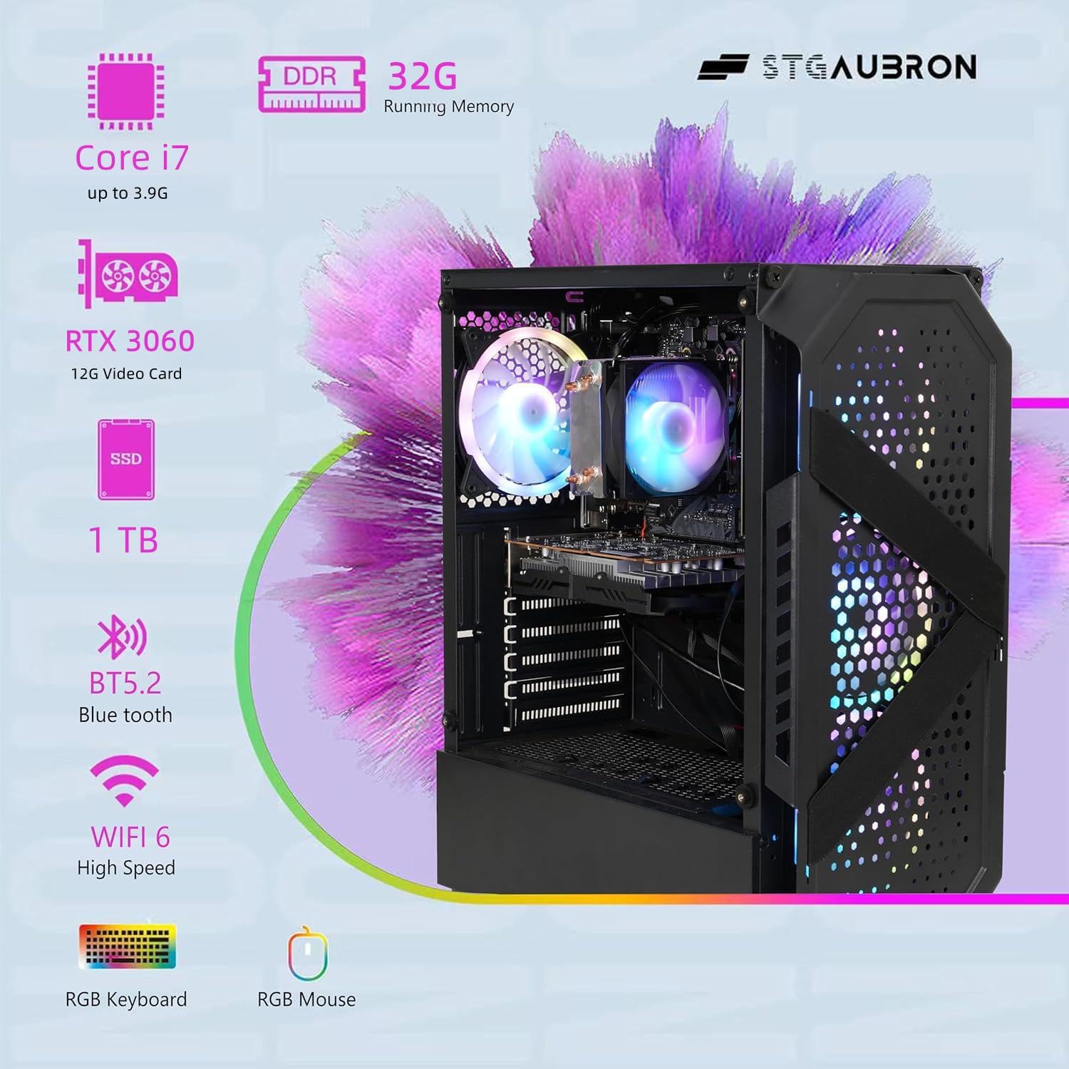 STGAubron Gaming PC Desktop Computer, Intel Core i7 up to 3.9G, GeForce RTX 3060 12G, 32GB RAM, 1TB SSD, WiFi 6, BT 5.0, RGB Fan x 4, Windows 11 Home - Image 3