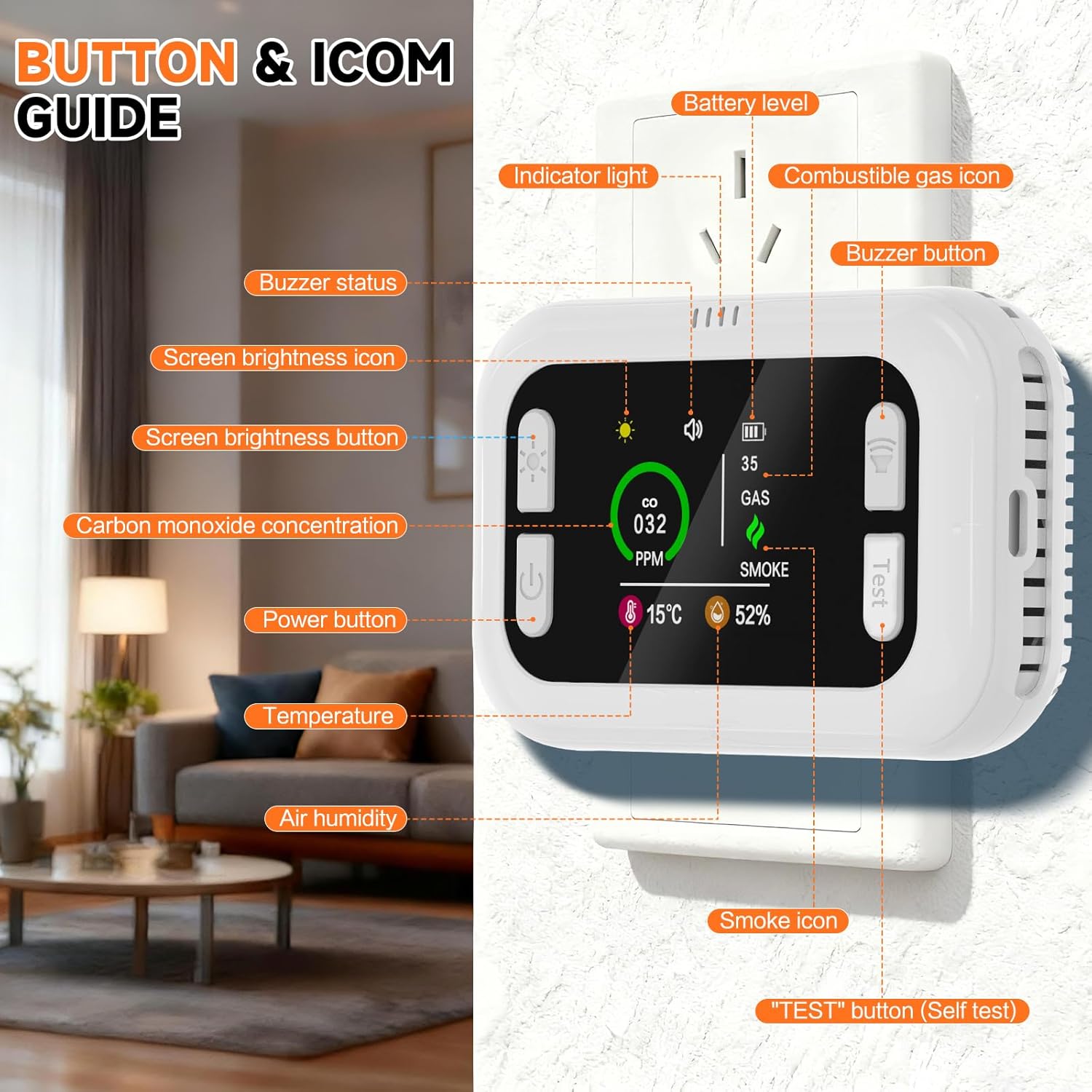 6 in 1 Carbon Monoxide Detectors Plug-in, Smoke Detector & Natural Gas Detector/Alarm with Battery Backup, HD Digital Screen for CO, Gas, Smoke, Temp, Humidity - Home Safety for House, RV, Apartment - Image 3