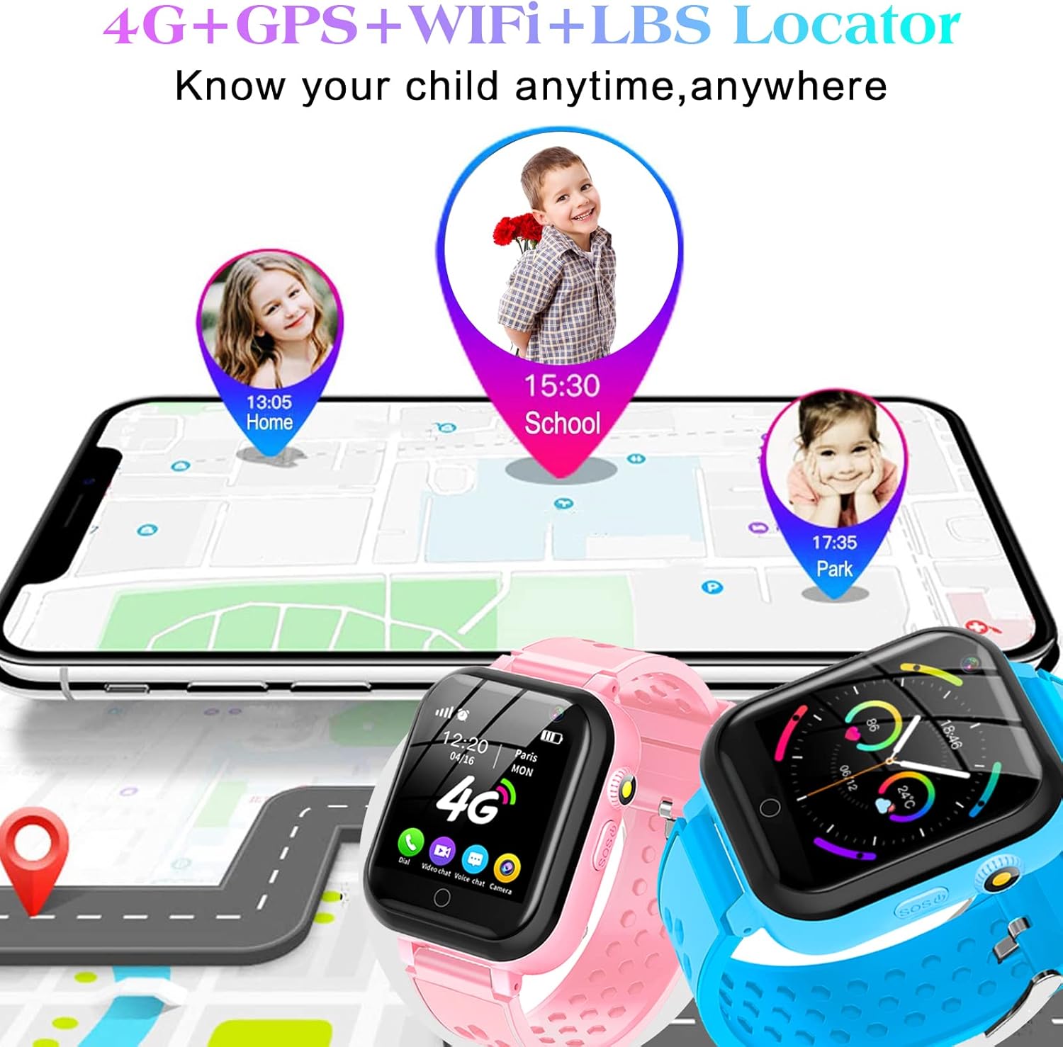 Smart Watch for Kids, 4G Kids Phone Smartwatch with GPS Tracker, WiFi SMS, Call, Voice Video Chat, Bluetooth, Audio Recording, Alarm, Pedometer, Wrist Watch for 4-16 Boys Girls Birthday Gifts - Image 4