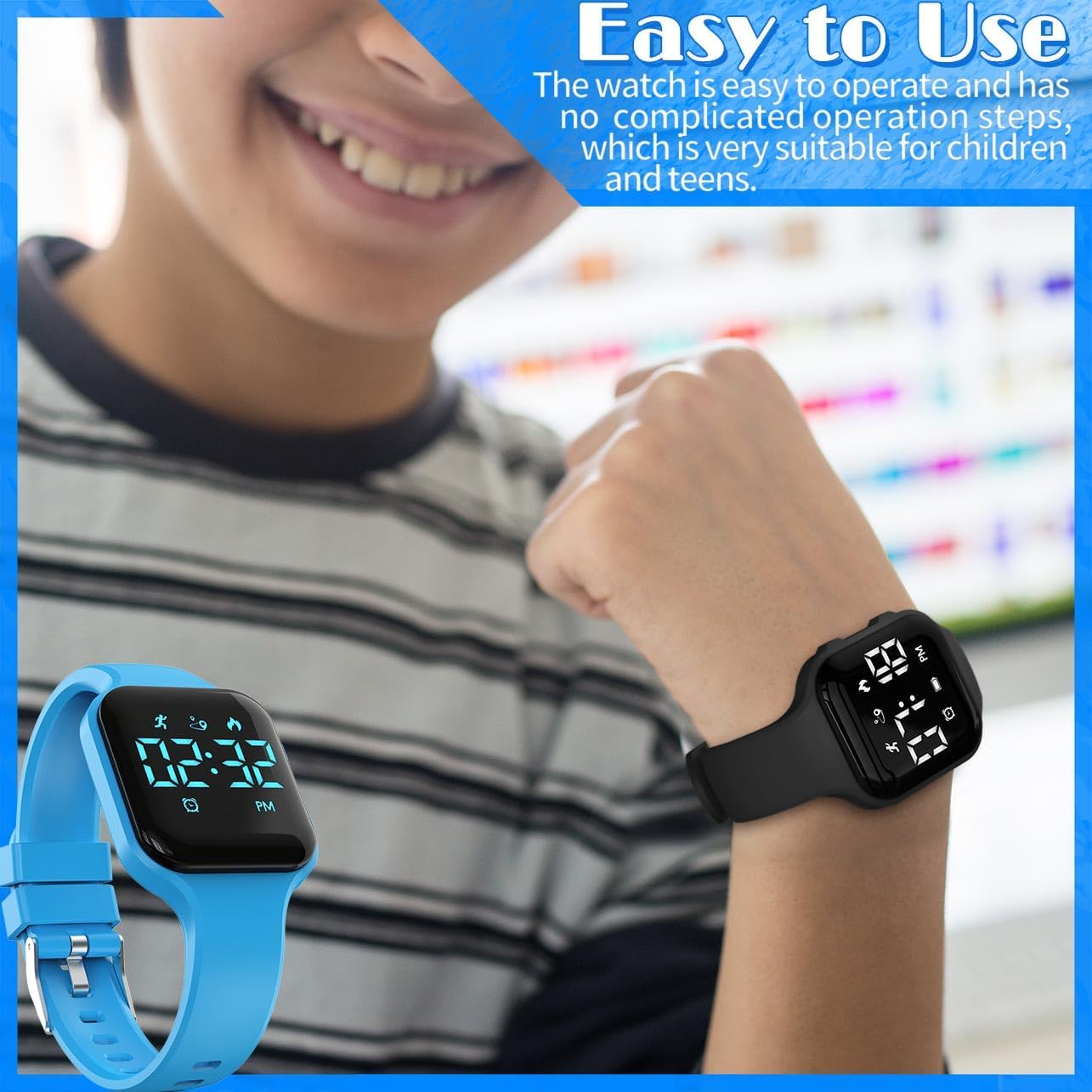 Children Simple Fitness Tracker Watch, Digital Step Counter Sport Watch, Waterproof Wristwatch, with Pedometer Alarm Clock Calendar for Kids Boy Girl Students (Blue) - Image 4