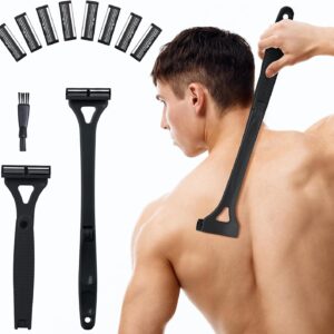 Back Shavers for Men with Foldable Long Ergonomic Handle: DIY Hair Shaver, Replaceable Safety Blade & Portable Razor Groomer for Men, Wet & Dry Shaving – Black (8PCS Blades Included)