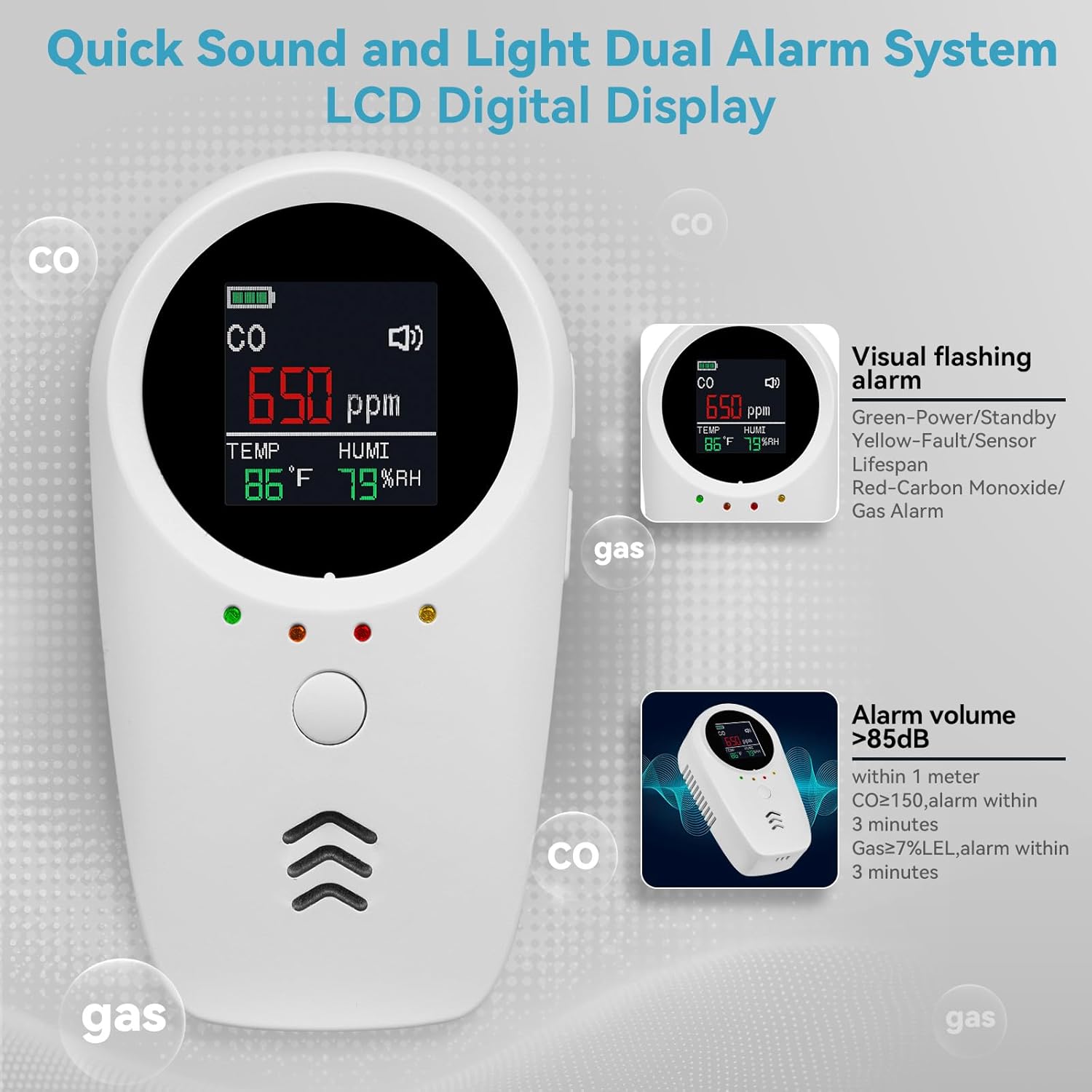 5-in-1 Carbon Monoxide Detectors,Combustible Gas Detector,Plug-in & Built-in Backup Battery,Monitoring CO,Natural Gas,Temperature and Humidity,Clear LCD Screen Sound Light Dual Alarm Detector - Image 7