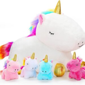 KMUYSL Toys for Girls Ages 0 1 2 3 4 5 6 7 8+ Years – Unicorn Mommy Stuffed Animal with 4 Baby Unicorns in Her Tummy, Soft Unicorn Plush Toys Set, Christmas Birthday Gifts for Baby, Toddler, Kids