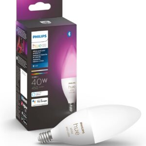 Philips Hue Smart 40W B39 Candle-Shaped LED Bulb – White and Color Ambiance Color-Changing Light – 1 Pack – 450LM – E12 – Control with Hue App – Works with Alexa, Google Assistant and Apple Homekit