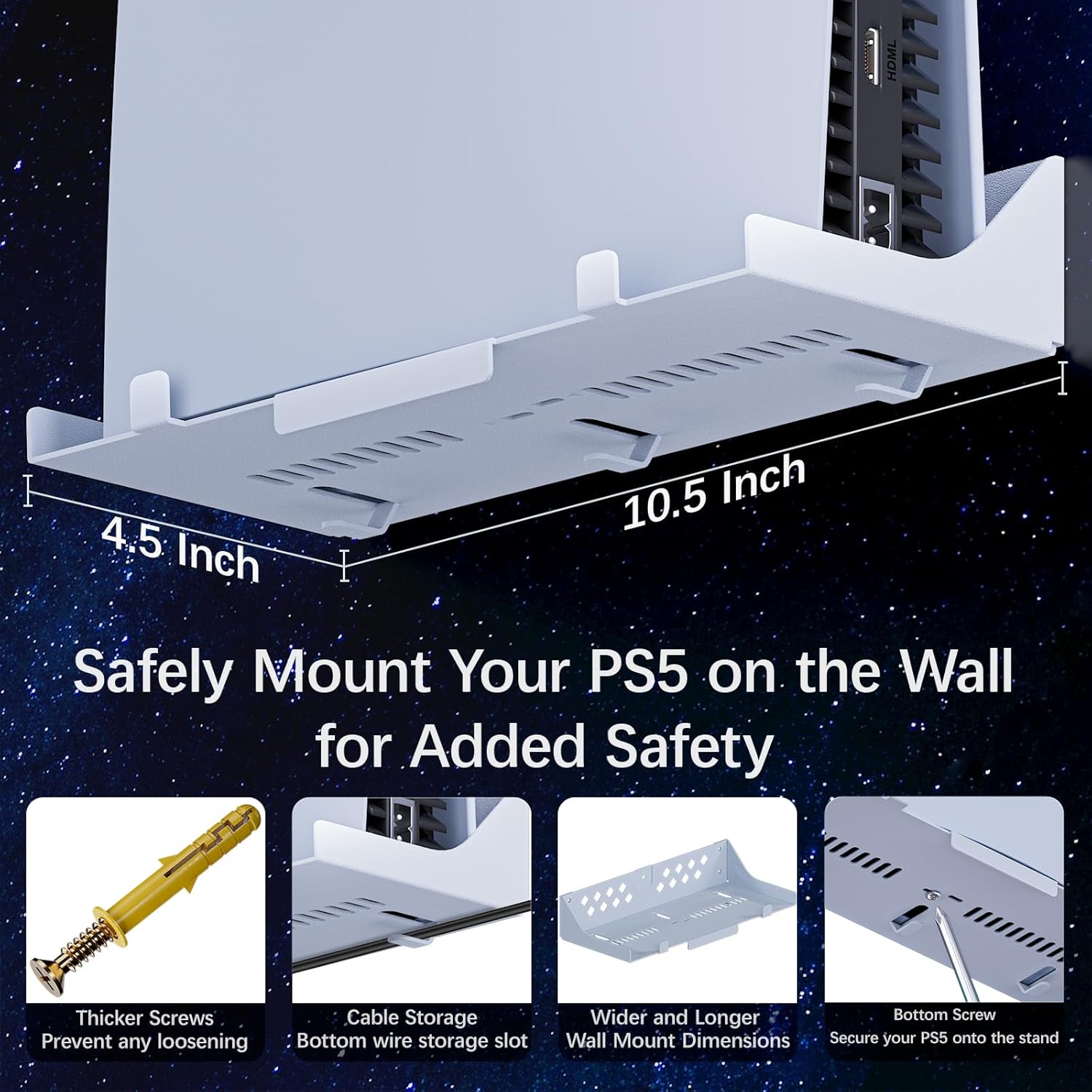 Hosanwell PS5 Wall Mount Kit with Charging Station, Compatible with PlayStation 5/Slim/Pro Disc & Digital Version, Dual Use Charging Station with Multi-Mode RGB Light, White - Image 6