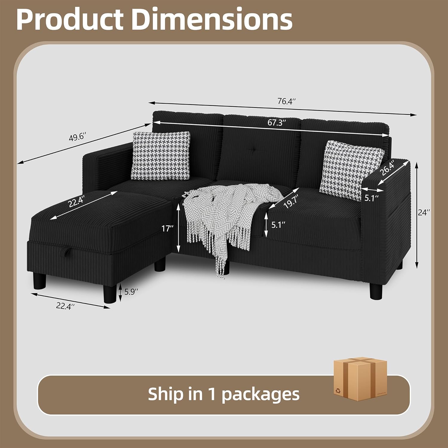 JAMFLY Convertible Sectional Couches for Living Room, L-Shaped Couch 3 Seat Sectional Sofa Set with Corduroy Fabric and Movable Ottoman Small Couch for Apartments, Office(Black) - Image 2