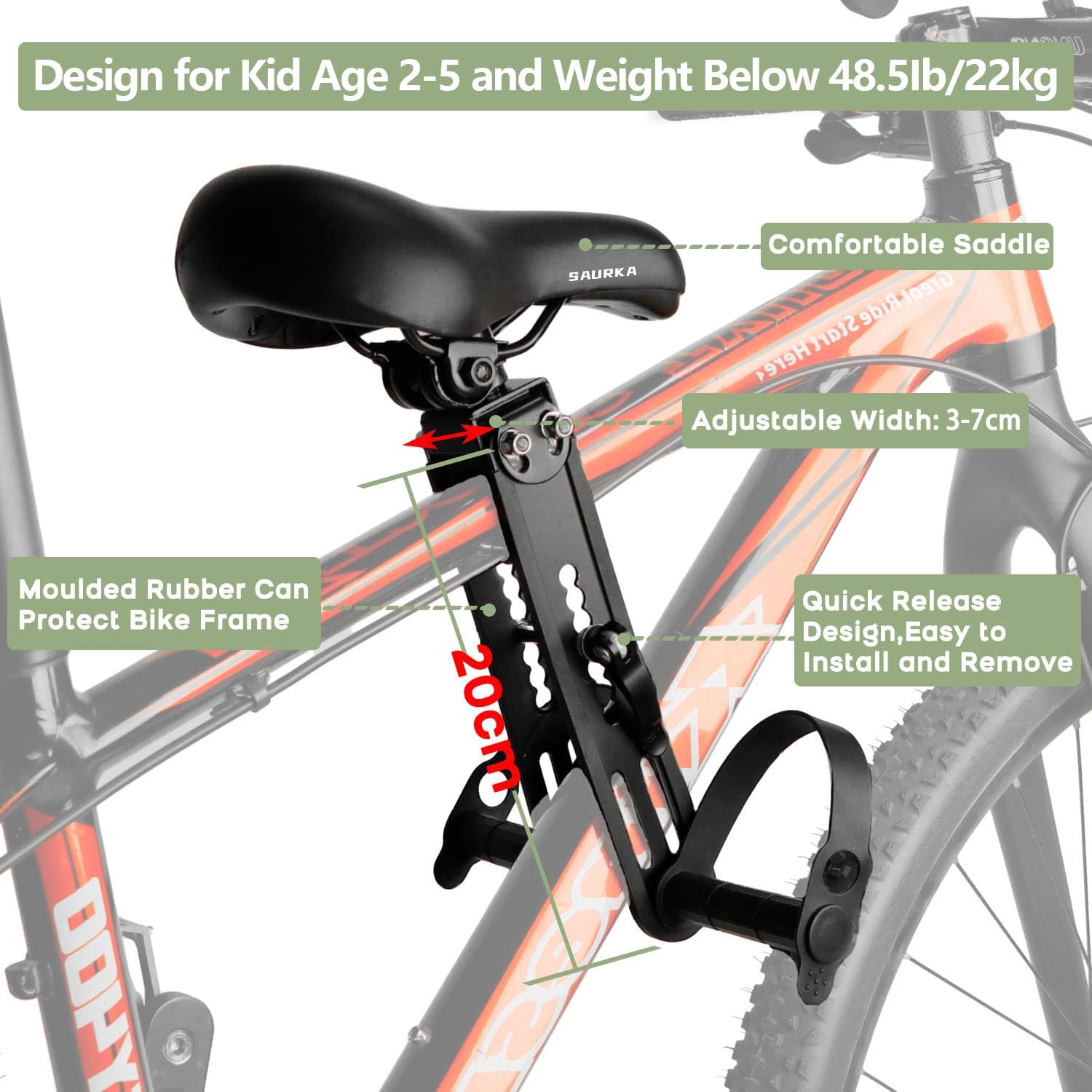Kid Bike Seat Front Mounted and Handlebar for Mountain Bike Parent-Child Cycling, Child Bicycle Seat&Child Handlebar for All Adult MTB Bike Cycling(Foldable/Not Foldable Pedals) - Image 3